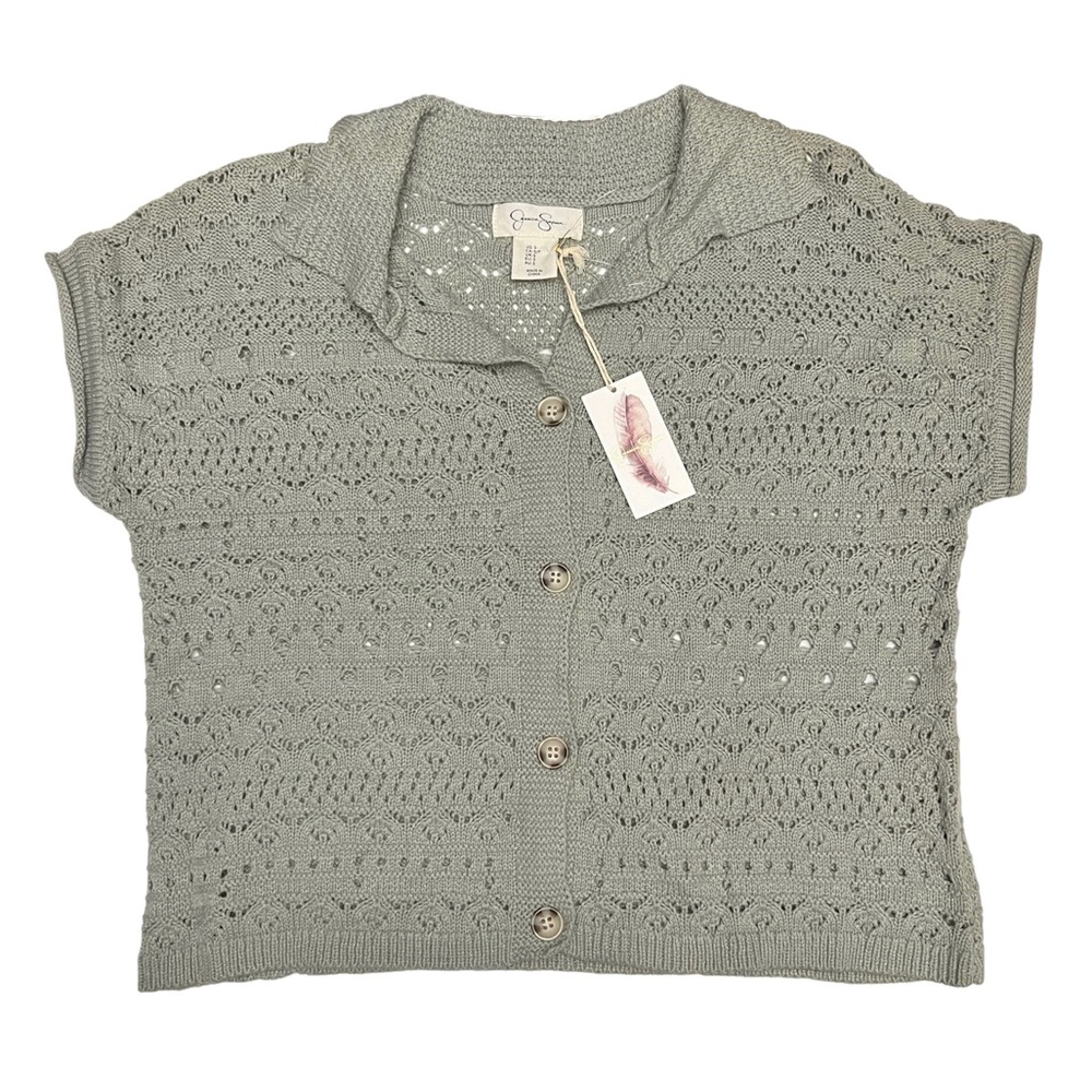 Jessica Simpson Open Knit Crop Sweater Short Sleeve Button Up Green Size Small